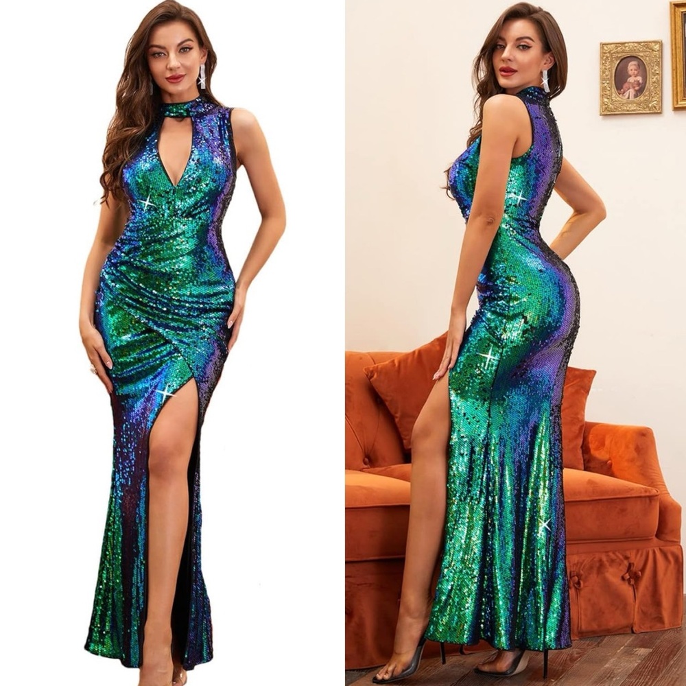 Elegant Sequin Evening Gown - Green and Blue